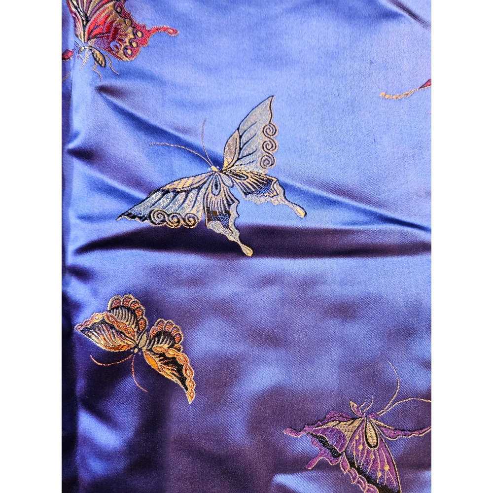 Blue Satin Butterfly Embroidered Cheongsam Qipao Maxi Dress Mandarin Collar - Picture 5 of 16